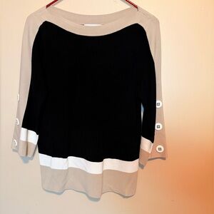 Joseph Ribkoff tan beige white black knit long sleeve shirt top